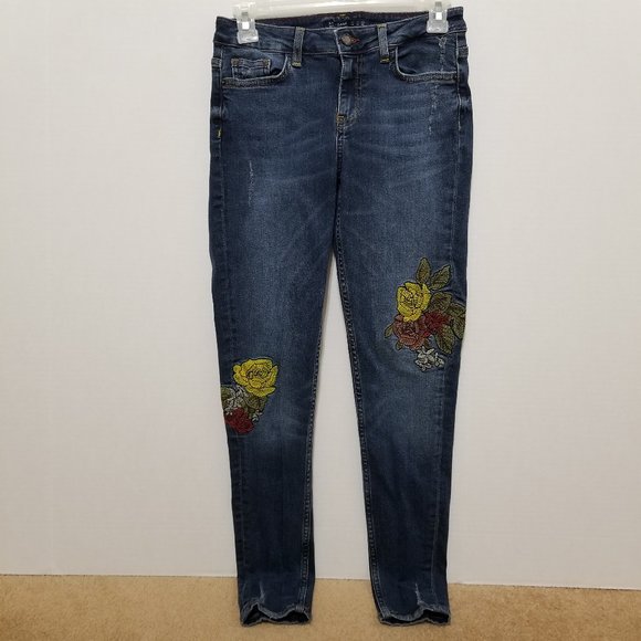Zara jeans 2 lightly distressed floral embroidered applique patch denim boho - Picture 1 of 16